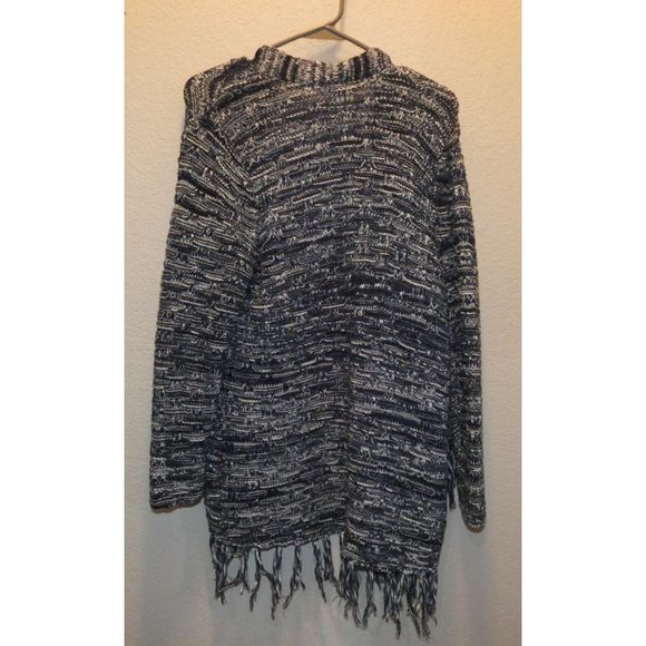 Long Cotton Sweater, Blue and white with Fringe Women's Size Large, Chico's Bran - Picture 4 of 5